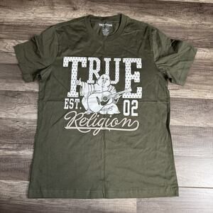 True Religion Mens T-Shirt S Premium Tee Short Sleeve Chest Graphic Olive Green